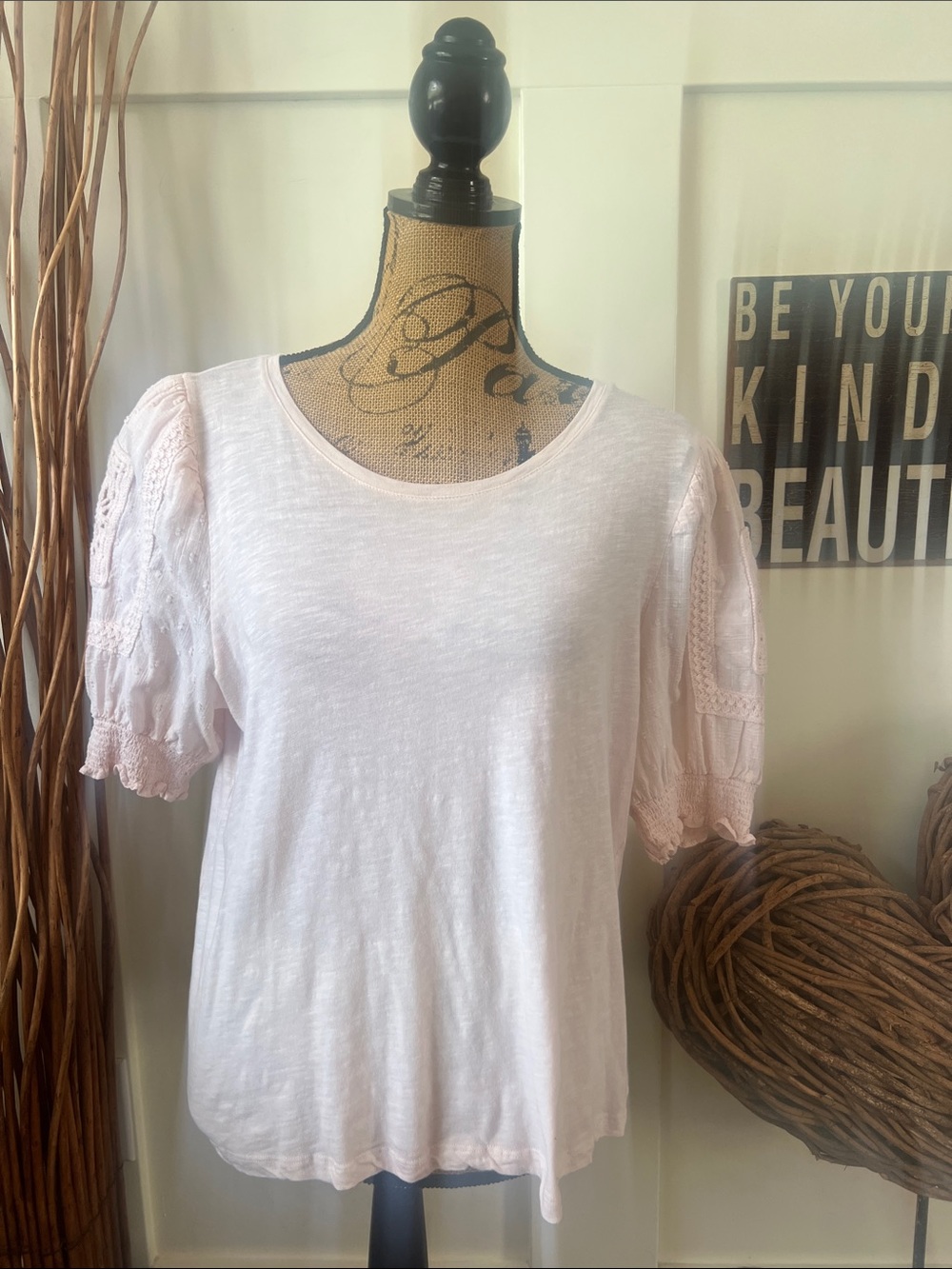 Design History Pale Pink Short Sleeve Tee with Lace Accent